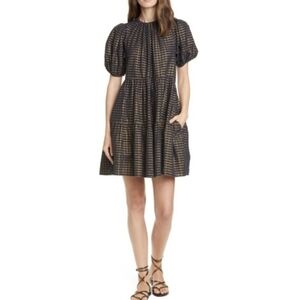 Ulla Johnson Dion Dress Navy Blue Metallic Tiered Mini Babydoll Dress Sz Small 4